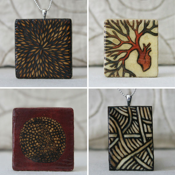 Amy Ventura necklaces pins burned wood engraving